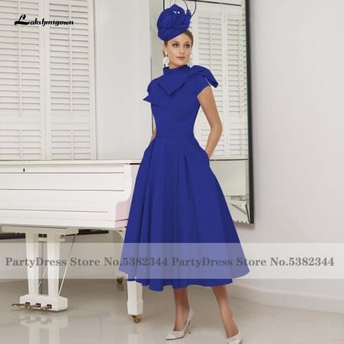 Lakshmigown Elegant Royal Blue Women Dress for Weddings 2021Robe Satin Evening Party Dress Tea Length Vestidos de Madrina