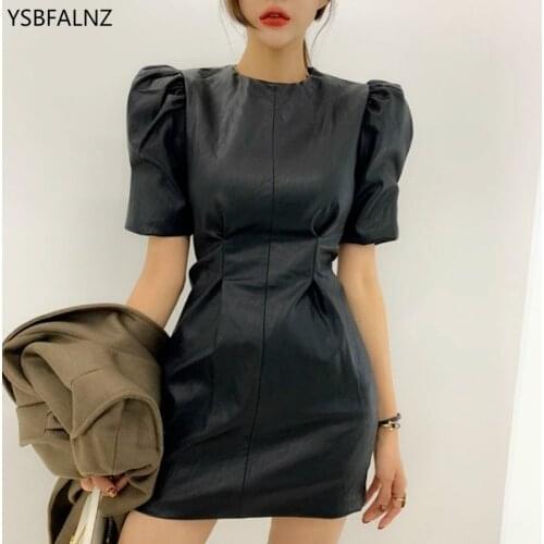 2020 Spring Summer Black Women Sexy Dresses Puff Sleeve Slim Waist Bodycon Dress Female Solid Office Lady Faux Leather Vestidos