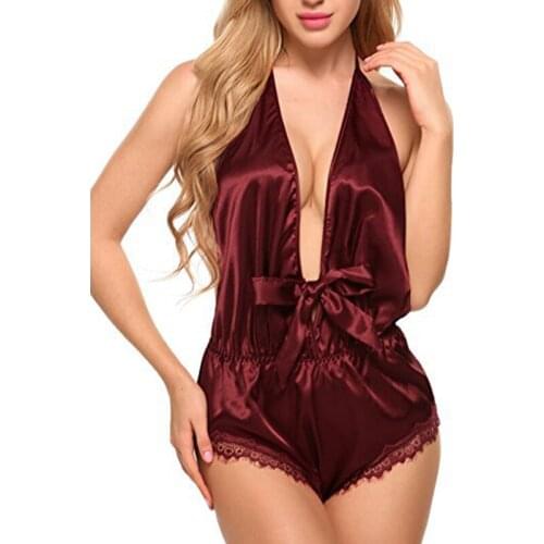 Women Sexy Lace Satin Lingerie Smooth Silk-like Nightwear Sleepwear Set Nighties for Women Night Dress Wear Deep V-Neck