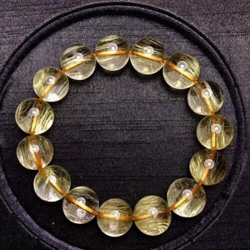 14mm Natural Gold Rutilated Quartz Titanium Stretch Crystal Beads Bracelet