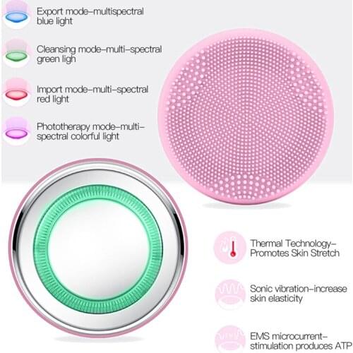 2in1 LED Light Face Cleanser Massage Silicone Heating Facial Cleaning Skin Scrub Washing Brush Skin Care Cleaner Massager