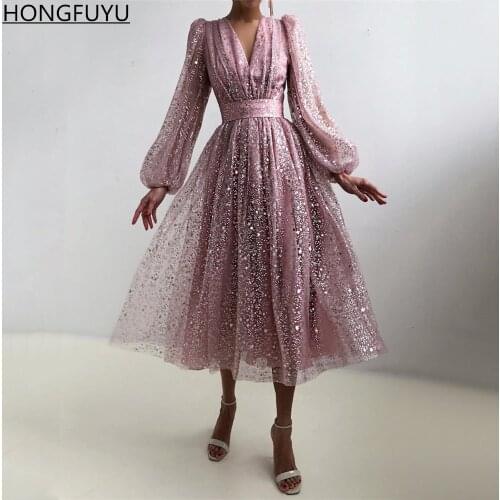 HONGFUYU V Neck Shinning Short Prom Dresses Puff Long Sleeves Party Gowns Tea Length 2021 Formal Evening Dresses вечерние платья