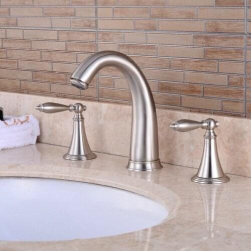 Deck Mounted 3 Holes Bath Tub Mixer Tap Brushed Nickel Widespread Dual Levers Handles bathroom basin Faucet anf039