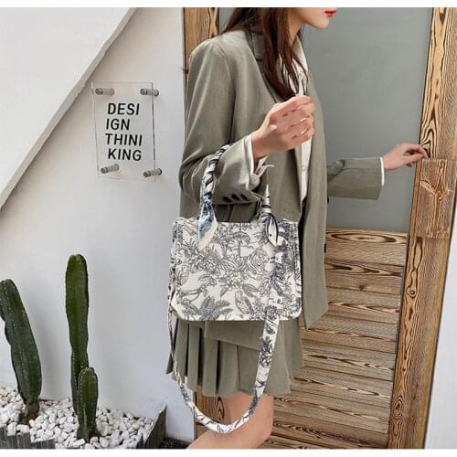 Buylor Women Embroidery with Pearls Tote Silk Scarf Canvas Handbags Soft Crossbody Bags Luxury Designer Casual Shoulder Bag