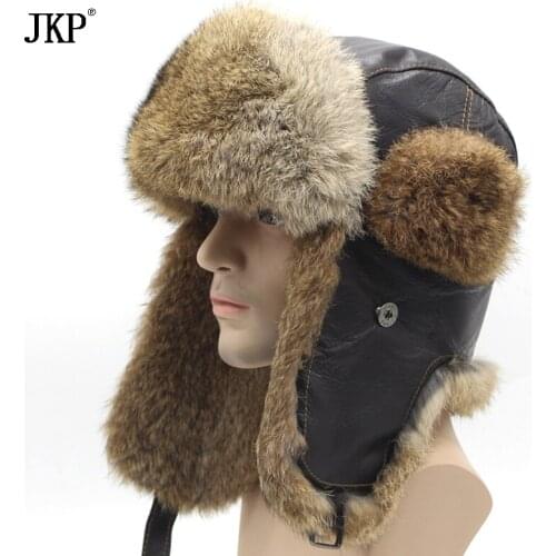 Mens Rabbit Leather Fur Hat Russian Soviet Dad Ushanka trapper fur hat winter hats for men
