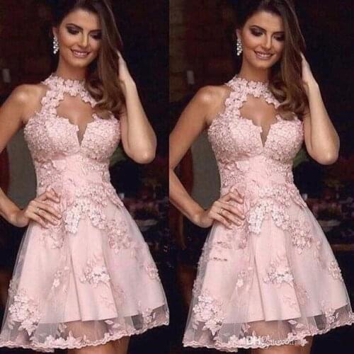 Elegant Cocktail Dresses Pink Jewel Lace Appliques Short Homecoming Dress Backless Mini Prom Party Dresses Plus Size