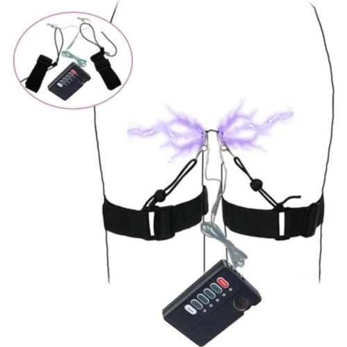 Electric Shock Labia Clamps with Leg Bondage Belt Nipple Clip Vibrator Pussy Clitoris Electro Stimulation Sex Toys for Women