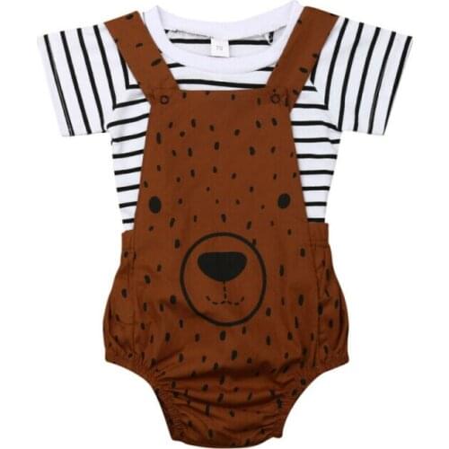 Focusnorm 0-3 Years 2CPS Newborn Boy Girl Summer Clothing Set Cute Bear Clothes Stripe T-shirt+ Bib Pants Overalls Outfits