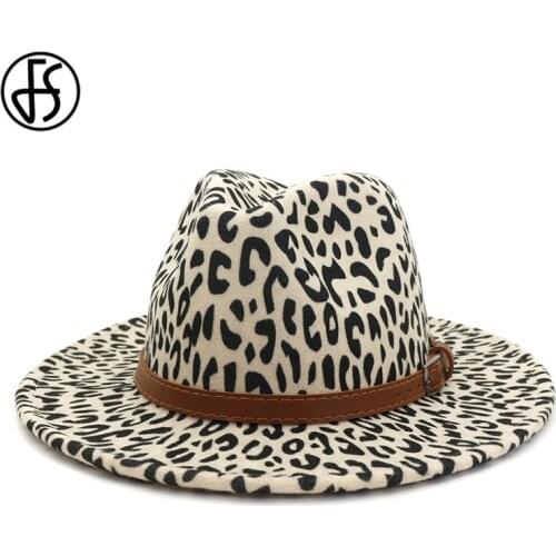 FS Fashion Men Women Wool Felt Fedora Leopard Jazz Hat Beige White Wide Brim Fedora Vintage Panama Trilby Caps With Belt