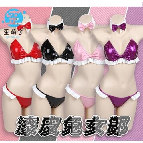 Patent Leather Bunny Girl Suit Costume Pink Black Red Sweet Women Pink Costume Cosplay Original Bikini Set for Geek Girls