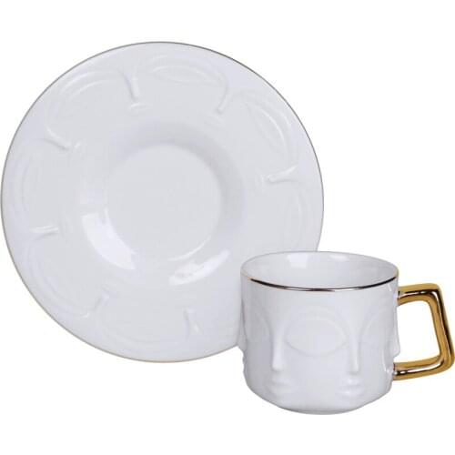 Ins creative three-dimensional face gold handle ceramic coffee cup low bone china espresso coffee cup two cup two saucer set