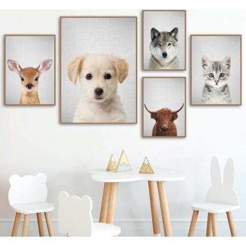 Cute Deer Dog Wolf Highland Cattle Cat Animals Wall Art Canvas Painting Nordic Posters And Prints Wall Pictures Kids Room Decor