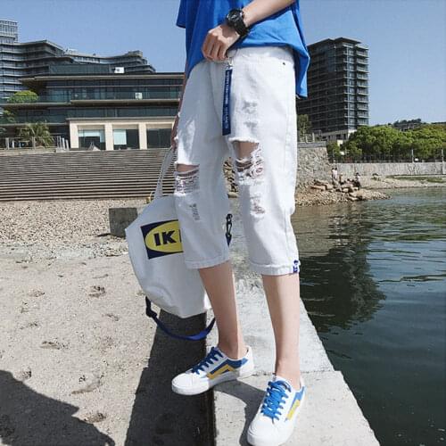 High quality 2020 Summer Casual Fashion white hole bull-puncher knickers men thin hip hop beggar loose denim Calf length pants