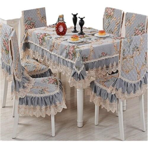 7Pcs/set European-Style Classical Style Chenille Dining Chair Cushion Tablecloth Set, Quilted Embroidery Process, No Deformation