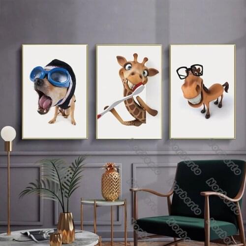 Modern Style Canvas Painting Posters Art Animal Pictures Cute Dog Wearing Glasses and Brushing Teeth for Home Rooms Wall Decorat