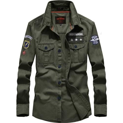 Fashion Mens Clothing Military Style Pure Cotton Shirt Solid Color Spring Autumn Long Sleeved Multi Pockets Badge Shirts Tops