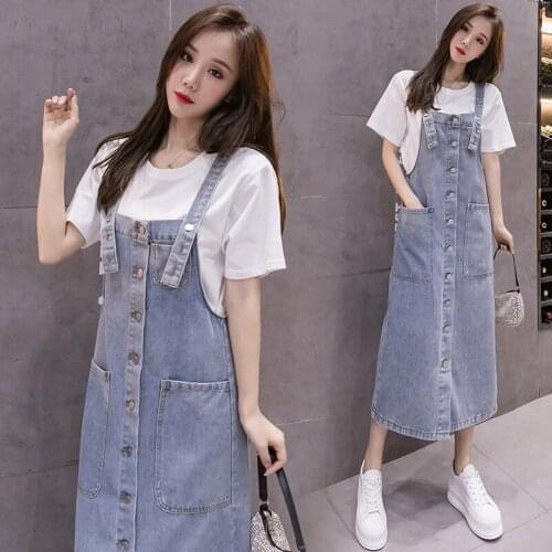 S-5XL Women Denim Straps Dress Summer 2021 New Casual Single-breasted Loose Sleeveless Straight Long Denim Straps Dress