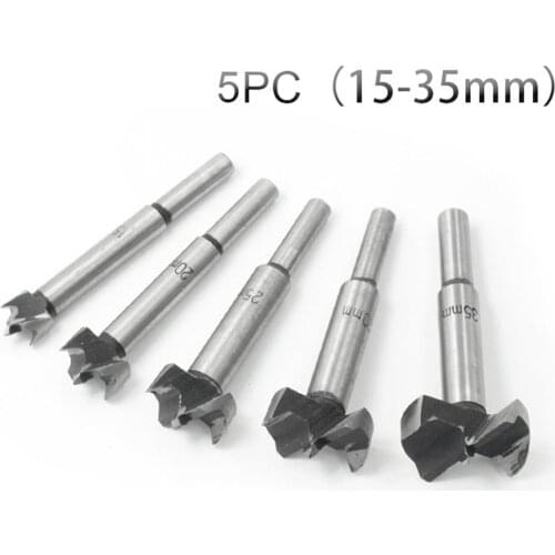 5Pcs 15-35mm Forstner Carbon Steel Boring Drill Bits Woodworking Self Centering Hole Saw Tungsten Carbide Wood Cutter Tools Set