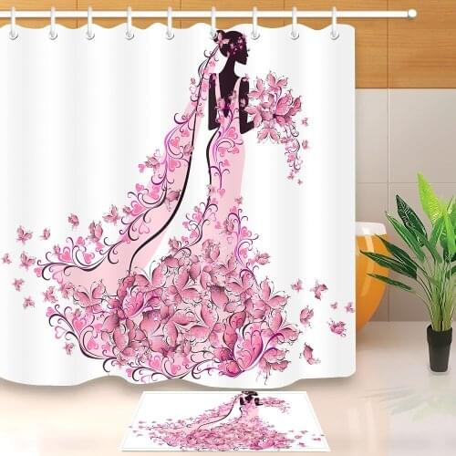 Pink Flower Butterfly Black Afro Girl African American White Shower Curtains With Mat Set Bathroom Curtain for Bathtub Decor