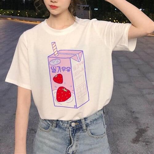 Womens T-shirt Summer Graphic Peach Juice Japanese Rock Basic O-Neck T-shirt Lady Harajuku Kawaii Pink Design Casual T-shirt