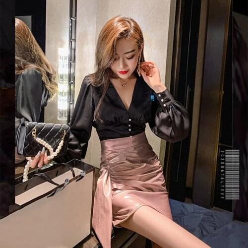 Women 2021 Spring Fashion Two-piece Suits Female Sexy V-neck Pullover Shirts Ladies High Waist Slim Package Hip Skirts Sets E333