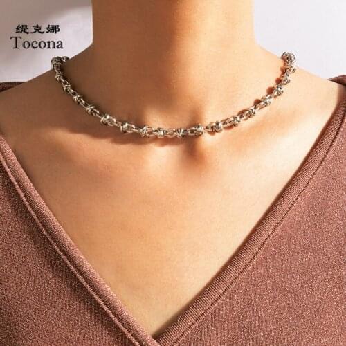 Tocona Punk Silver Color Buckle Chain Choker Necklace for Women New Trendy Alloy Metal Boho Adjustable Jewelry Collar 18678