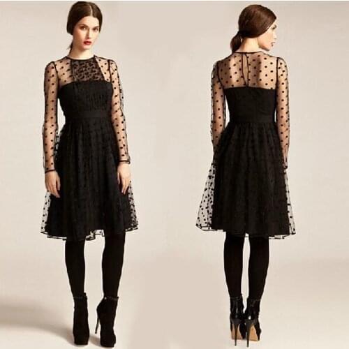 Sexy Lace Net Yarn Dresses Party Elegant Polka Dot Sheer Design Long Sleeve Midi Mesh Transparet Retro Sheer Contrast Robe Femme