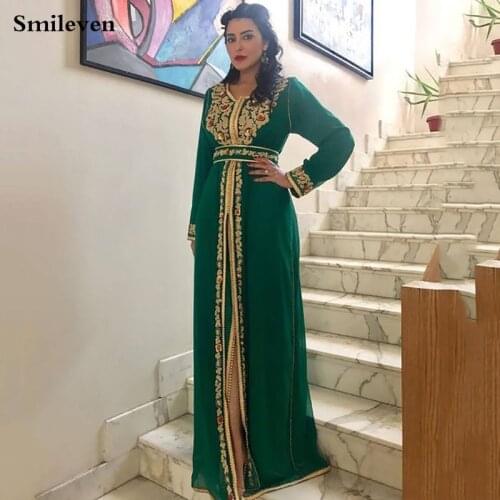 Smileven Moroccan Kaftan Evening Dresses 2020 Crystal Appliques Caftan Arabic Muslim Evening Dress robe de soiree Party Dress