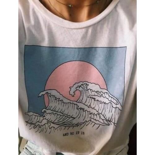And So It Is Ocean Wave Aesthetic Tumblr 90s White Tee T-Shirt Cute Summer Tops Harajuku Japanese Graphic Tees Women Streetwear