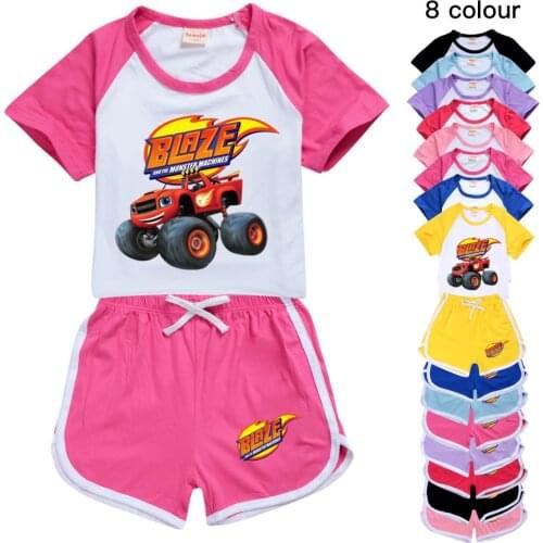Summer Cartoon Blaze and the Monster Machines Print Baby Boy Girl Short Sleeve T-shirt+Shorts 2Pcs Set Kids Clothing Sport Suit