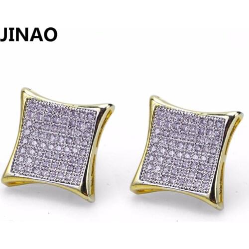 JINAO Men Ice Out Bling Jewelry Square Earring HipHop Gold Color Micro Pave Cubic Zircon Lab D Stud Earrings With Screw Back Hip