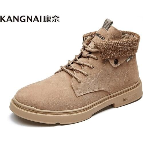KANGNAI Men Boots Split Leather Lace-Up Round Toe Ankle Boots 2020 Fashion Outdoor Winter Shoes Female