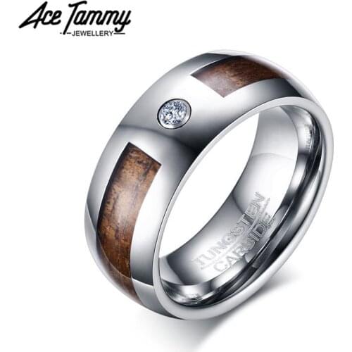 Wood Tungsten Ring 8mm CZ Wedding Band Jewelry Stone Domed Engagement Rings for Men