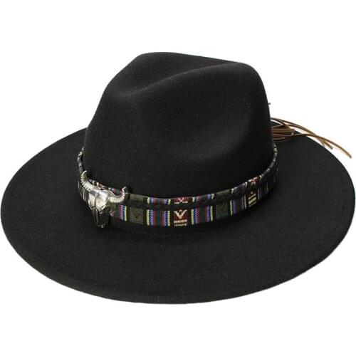 LUCKYLIANJI Retro Women Men Vintage 100% Wool Wide Brim Cap Fedora Panama Jazz Bowler Hat Bull Head Braid Band (57cm/adjusted)