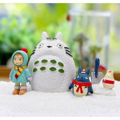 Fairy Garden Set of 4 Tiny Winter Totoros and Girl Play With Snow Ghilbi Figurine Garden Decor Terrarium Accessories