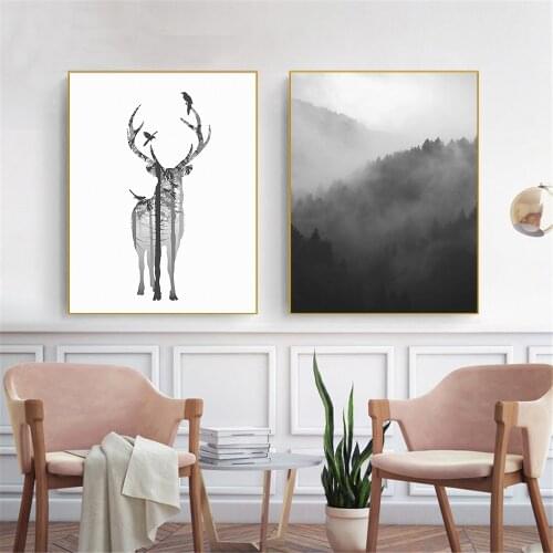 Nordic Style Mountain Forest Canvas Art Print Abstract Painting Black White Wall Art Poster Deer Wall Pictures for Living Room