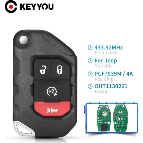 KEYYOU Flip Remote Car Key ASK 433MHz PCF7939M 4A Chip For Jeep Wrangler Gladiator 2018 2019 2020 OHT1130261 3/ 4 Buttons