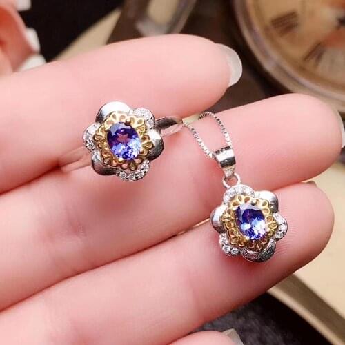 The Best GiftFor your girl Friend Tanzanite Set 925 sterling silver,1pc Tanzanite Ring,1pc Tanzanite Pendant