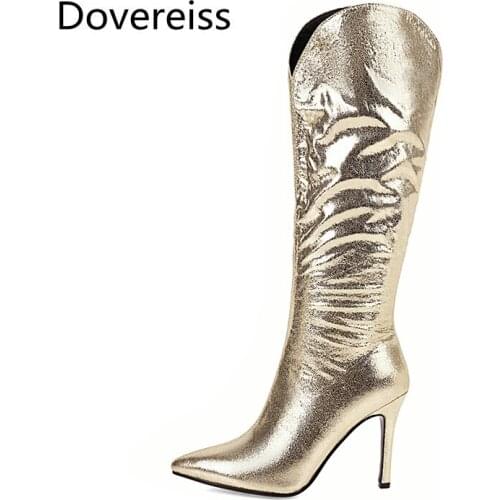 Winter For Woman New Fashion Pointed Toe Shoes Pink Silver Gold Clear Heels Boots Stilettos Heels Zipper Knee High Boots 31-48