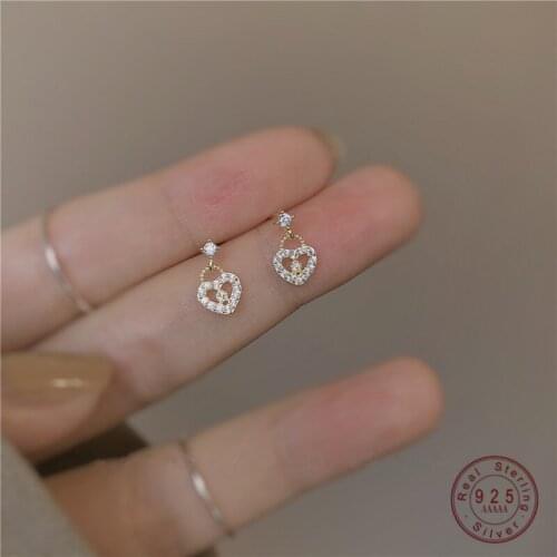 925 Sterling Silver European Small Crystal Heart Plating 14k Gold Stud Earrings Women Fashion Exquisite Anniversary Jewelry