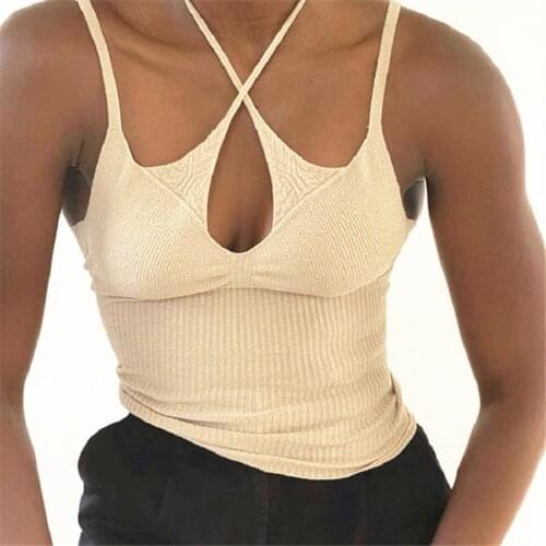 Halter top 2021 summer new knitted Tops womens fashion trend V-neck cross tie solid color sexy slim knit sling tops for women