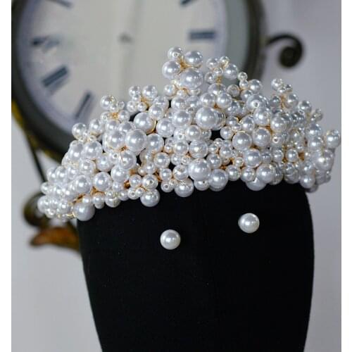 European Pearls Bridal Tiaras with Earring Bride Headband Diadem Queen Headpieces Wedding Hair Accessories