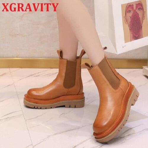 XGRAVITY 2021 Autumn Winter Genuine Leather Chunky Heel Boots Fashion Cow Leather Chelsea Boots Round Toe Ankle Short Boots C132