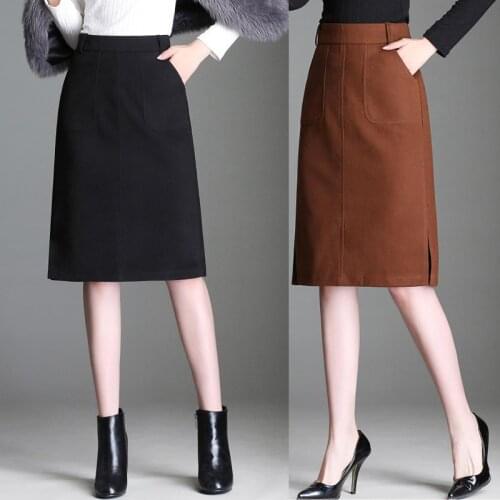Winter Fall Office Lady Women Placket Knee Length Woolen Skirt , Fashion Autumn 2018 Ladies Female 4x Black Woolen Pencil Skirts