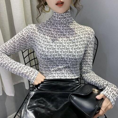 Womens bottoming shirt Spring Turtleneck letters printed T shirt Slim long-sleeved Casual Female Tops