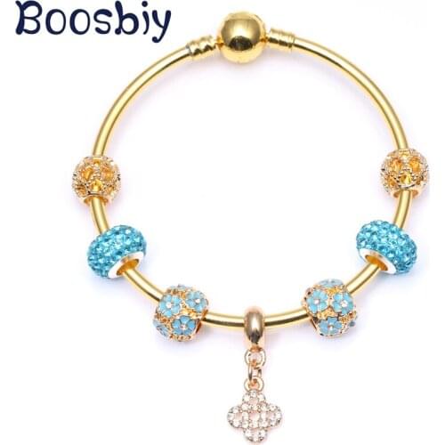 Gold Color Snake Chain Charm Bracelet With Crystal Wishful Knot Pendants Fits Brand Bracelet For Women Christmas Jewelry Gift