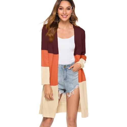Womens Open Front Long Sweater Cardigans Boho Long Sleeve Color Block Knit Lightweight Kimono Duster Coats