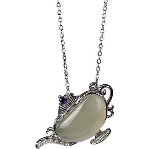 925 sterling silver natural Hetian gray jade pearl pendant vintage personality teapot Lady temperament pendant