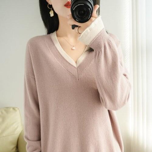 Wool sweater womens V-neck fall/winter new pullover sweater with drop shoulder sleeves fake two loose cashmere sweaters