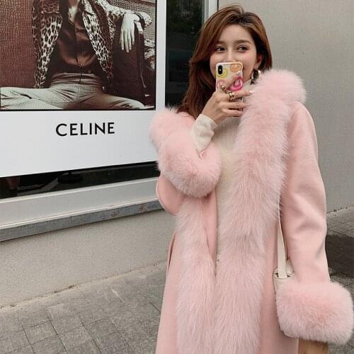 2020 Winter X-long Female Lovely Pink Wool Coat with Genuine Fox Fur Collar and Cuffs pashmina Women Outerwear